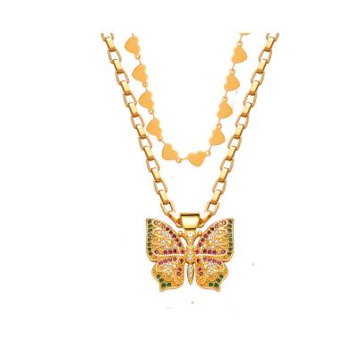 China BOHEMIA Cubic Zircon 18K Gold Plated Layer Heart Chain Gold Customized Butterfly Necklace For Women for sale