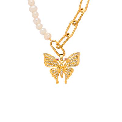 China BOHEMIA Cubic Zircon 18K Gold Plated Layer Heart Cross Chain Diamond Butterfly Pearl Necklace Gold Customized For Women for sale