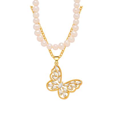 China BOHEMIA Cubic Zircon 18K Gold Plated Layer Heart Cross Chain Diamond Butterfly Pearl Necklace Gold Customized For Women for sale