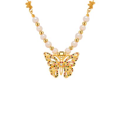 China BOHEMIA Cubic Zircon 18K Gold Plated Layer Heart Cross Layer Butterfly Bead Necklace Customized Chain Paror For Women for sale