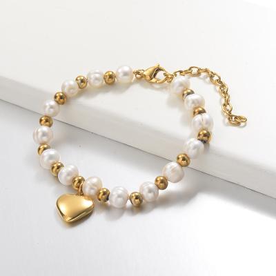 China Vintage Baoyan Vintage 18K Gold Plated Heart Charm Bracelet Natural Freshwater Pearl Beaded Bracelets for sale