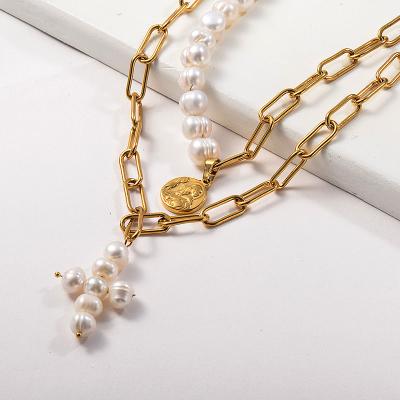 China Baoyan Religious Trendy Gold Plated Freshwater Religious Pendant Pearl Round Sant Layer Beaded Necklace for sale