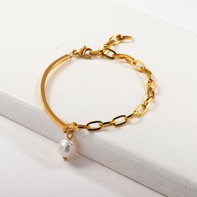 China Wholesale BAOYAN Flexible Stainless Steel 18K Gold Freshwater Pearl Bracelet for sale