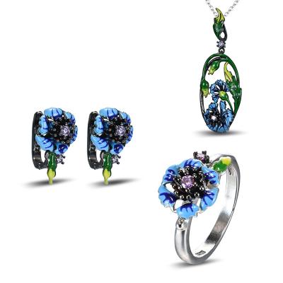 China Vintage Blue Enamel Jewelry Sets Flower Jewelry Sets 925 Sterling Silver Jewelry Sets for sale