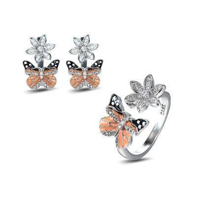 China Fashionable Vintage 925 Sterling Silver Jewelry Orange Butterfly Enamel Jewelry Zirconia Jewelry Set for sale