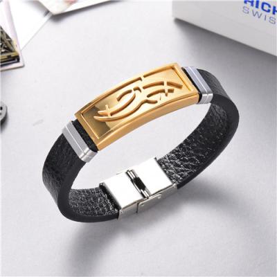 China CLASSIC Luxury Men's Baoyan Jewelry 18K Gold Stainless Steel Men's Black Leather Bracelet, Unique Stainless Steel Jewelry for sale