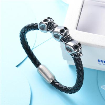 China Baoyan Stainless Steel Fashion Bracelet Black Braided Leather Men's Jewelry Skull Charm Men's Silver Magnetic Bracelet for sale