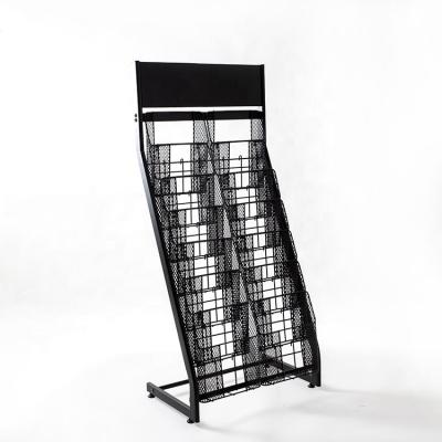 China 16 Pockets Customized Floor-Standing Mesh Metal Wire Magazine Display Racks With 16pcs Removable Pockets for sale