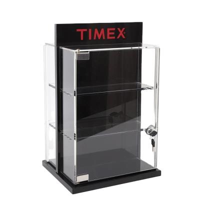 China Custom High Quality Clear Acrylic Counter Double Sided Watch Display With Door Lock for sale