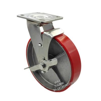 China 8 inch side brake swivel flat freewheel caster / heavy duty high strength cast iron polyurethane caster / top selling PU caster wheel 200 mm for sale