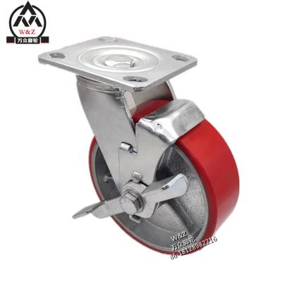 China 6 inch side brake swivel flat freewheel caster / heavy duty high strength cast iron polyurethane caster / best price PU casters and wheels for sale