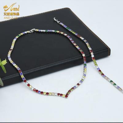 China 2021 Romantic Hihop CZ Tennis Chain Iced Out Colorful Rainbow Diamond Blind Tennis Chain Necklace Bracelet Jewelry Set for sale