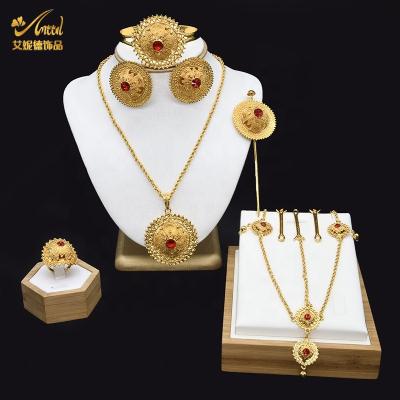 China 2020 Romantic Invisible Gem Set Bridal Red Color Dubai Women Gemstones 18k Gold Plated Red Gemstone Fashion Jewelry Set for sale