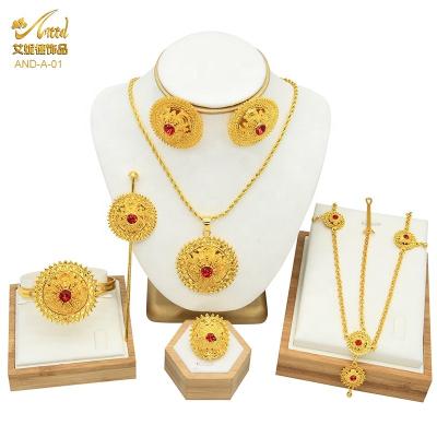 China Pakistani Africa Nigeria 2021 Women Necklace Wedding Jewelry Romantic Fashion Gemstone Gold Plated Brand Red Six Piece Jewelry Sets for sale