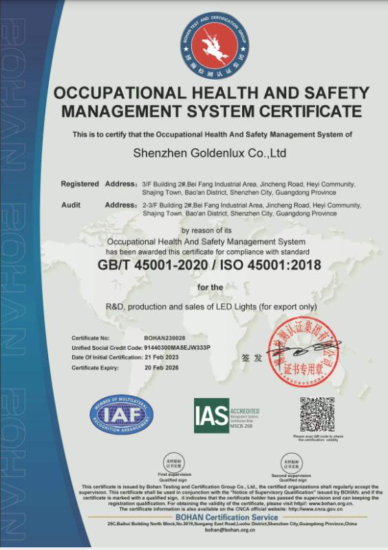 ISO45001 - Shenzhen Goldenlux Co., Ltd.