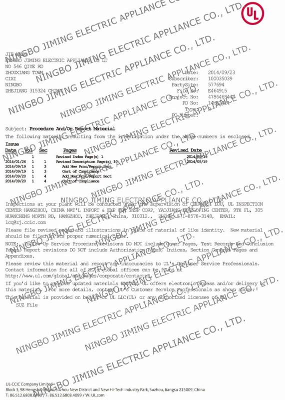 UL - Ningbo Jiming Electric Appliance Co., Ltd.