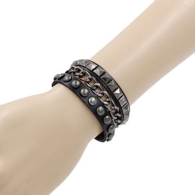 China Decoration Bracelet Multilayer Black Leather Bracelet For Women Men Leather Woven Braided Cross Metal Spike Studded Rivet Chain Cuff Bracelet for sale