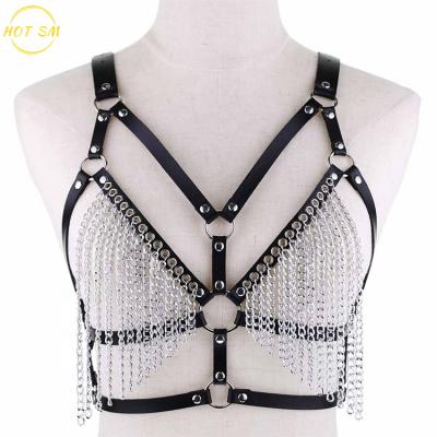 China Punk Caged Women ALLOY Leather Chest Bra Chain Harness Upper Body Restraint Belt Caged Waist Belt with O-ring for Rave Party Festival Club for sale