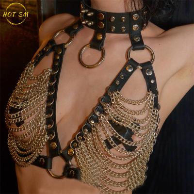 China New ALLOY metal chain belts leather punk restraints harness chain belt accessories women leather belt punk body chain restraint belt for sale