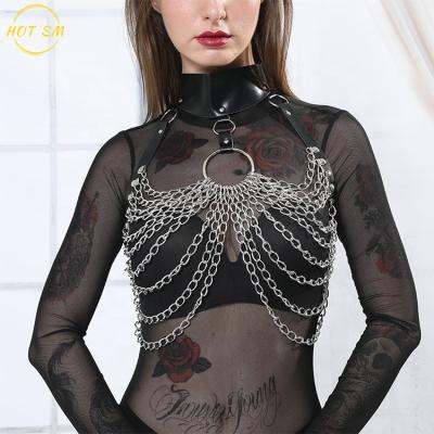 China Women's Favorite PU Bondage Leather Upper Chest Chain Sexy Punk Multilayer Bra Metal Straps Collar Body Chain Belly Dance Leather Chest Chain for sale