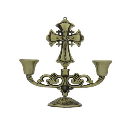 China Jesus Religious Catholic Holy Antique Cross Object Faith Christian Church Activities Metal Symmetrical Zinc Alloy Candle Holder for sale