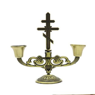 China Russian Religious Activities Orthodox Church House of Worship Decoration Ornaments Antique Zinc Alloy Cross Metal Symmetric Candlestick for sale