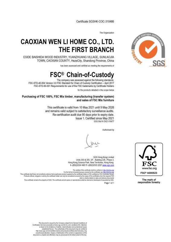 FSC - Caoxian Wen Li Home Co., Ltd.