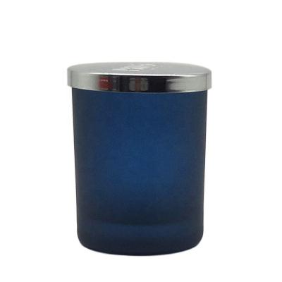 China Home Decoration Navy Blue Cylindrical Shaped Glass Candle Jars With Metal Lids for sale