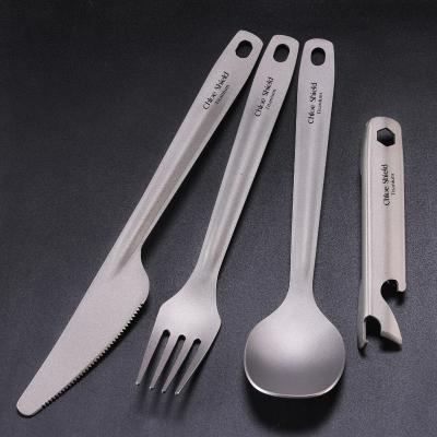 China Outdoor Camping Increasing Titanium Fork Spoon Moving Bottle Opener, 4 Pieces Tableware Set Serving Cutlery Set For Daily Camping Travel Use for sale