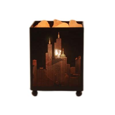 China UK Himalayan Pink Lamp Crystal Salt Chunks USA Salt Rock in Black Iron Art Basket Dimmer Light Bedside Lamp for sale