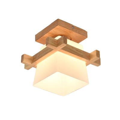 China Japanese Style Hallway LED Outdoor Mounted Wood Ceiling Lamp for Home Nordic Glass Shade E27 Ceiling Lights Solid Wood Fixture for Balcony for sale