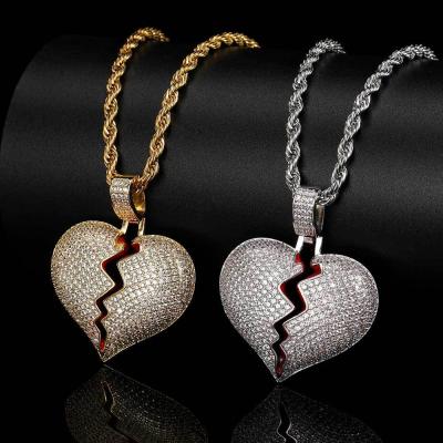 China Hiphop Hot Selling Fashion Necklace Ice Set Zircon Diamond 18K Gold Plated Giant Broken Heart Necklace Pendant for sale