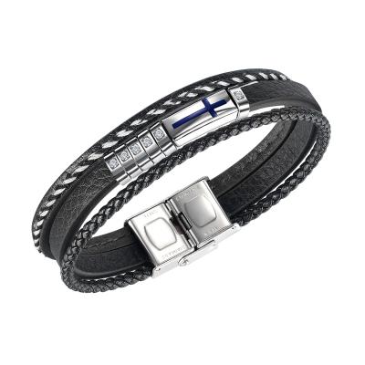 China New EVAN CLASSIQUE Stainless Steel Men's Jewelry Multilayer Leather Diamond Bracelet Hip Hop Fashion Zircon Cross Bracelet for sale