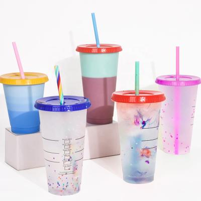 China Amazon Selling BPA Printing Coffee Mug Plastic Color Available Custom Free Reusable Sustainable Hot Cold Water Changing Mug With Lid And Straw for sale