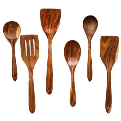 China Teak Bowl Sustainable Non-Stick Cooking Serving Cooking Spatula Luxury Acacia Bamboo Combo Cutlery Spatula Wooden Frying Fork and Spoon SetH for sale