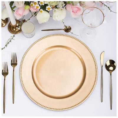 China 13 Inch Disposable Rose Gold Silver White Charger Dishes Wedding Decoration Clear Glass Beaded Black Plastic Charger Dish Gold Restaurant for sale