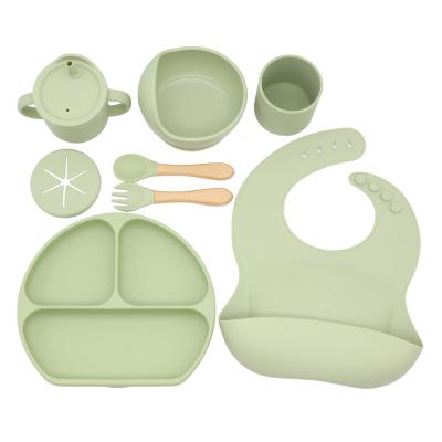 China Viable Eco-Friendly Non-Toxic Baby Silicone Bib Fork Spoon Bowl Dish Suction Feeding Set for sale