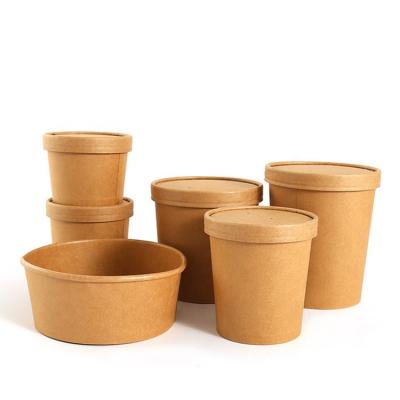 China Waterproof And Greaseproof Disposable Soup Paper Packaging Disposable Food Container Brown Bowl With Paper Lid for sale