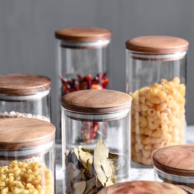 China Factory Direct Sales Storage Glass Bottle Kitchen Sealing Storage Container Transparent Acacia Food Grain Freshness Preservation Wooden Tank for sale