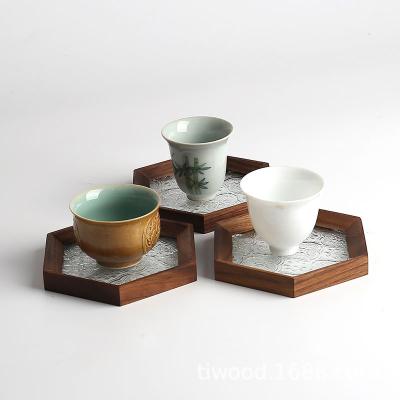 China Retro Begonia Flower Glass Wooden Black Walnut Coffee Refreshment Coaster Insulation Dessert Dish Cup Stand Cup Viable Place Mat for sale