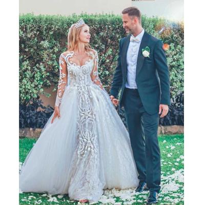 China Wedding Dress 2021 New Heavy Beaded Mermaid Dress Anti-Static Stunning Illusion Sleeve With Detachable Lace Applique Train for sale