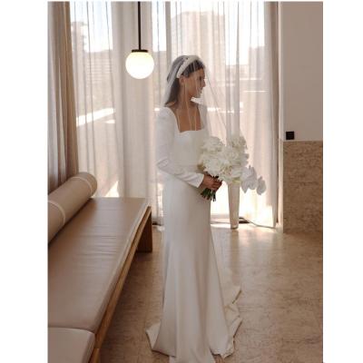 China Customized Anti-Static White Trumpet Wedding Dress Mermaid Wedding Dress Long Sleeve Square Collar for sale