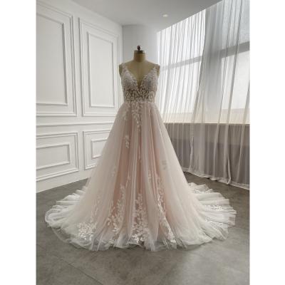 China Anti-static blush popular French V-neck lace applique wedding dresses a-line wedding dress bridal gown for sale