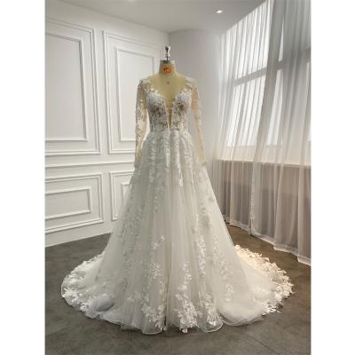 China Long Sleeve Lace Applique Wedding Dress Romantic Chic Anti-Static Wedding Dresses Bridal Gown A Line for sale