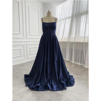 China Anti-Static Stunning A Line Spaghetti Strap Navy Blue Satin Women Evening Dresses Party Bridesmaid Dresses for sale