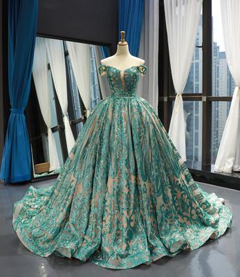 China Elegant Luxury Light Green Women Off-Shoulder Vintage Anti-Static Lace Up Sequin Ball Gown Party Evening Dresses for sale