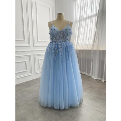 China Anti-Static Spaghetti Strap V Neck Light Baby Blue Evening Dress Women Wedding Dress Party A Line Women Dress for sale