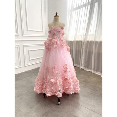 China Short Sleeve A Line Short Sleeve Sparkle Tulle With Pale Pink 3D Flower Beaded Bridesmaid Wedding Dress for sale