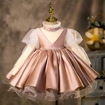 China Short Sleeve Pale Pink Ball Gown Bridesmaids Dress Girls Gala Dress High Neck Pleat Skirt Pink Girl Birthday Dress for sale