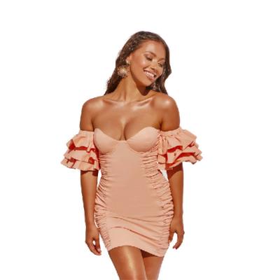 China High Quality Anti-Static Sweetheart Boat Neck Dairy Wear Mini Ruffle Bodycon Short Sleeve Women Dresses for sale